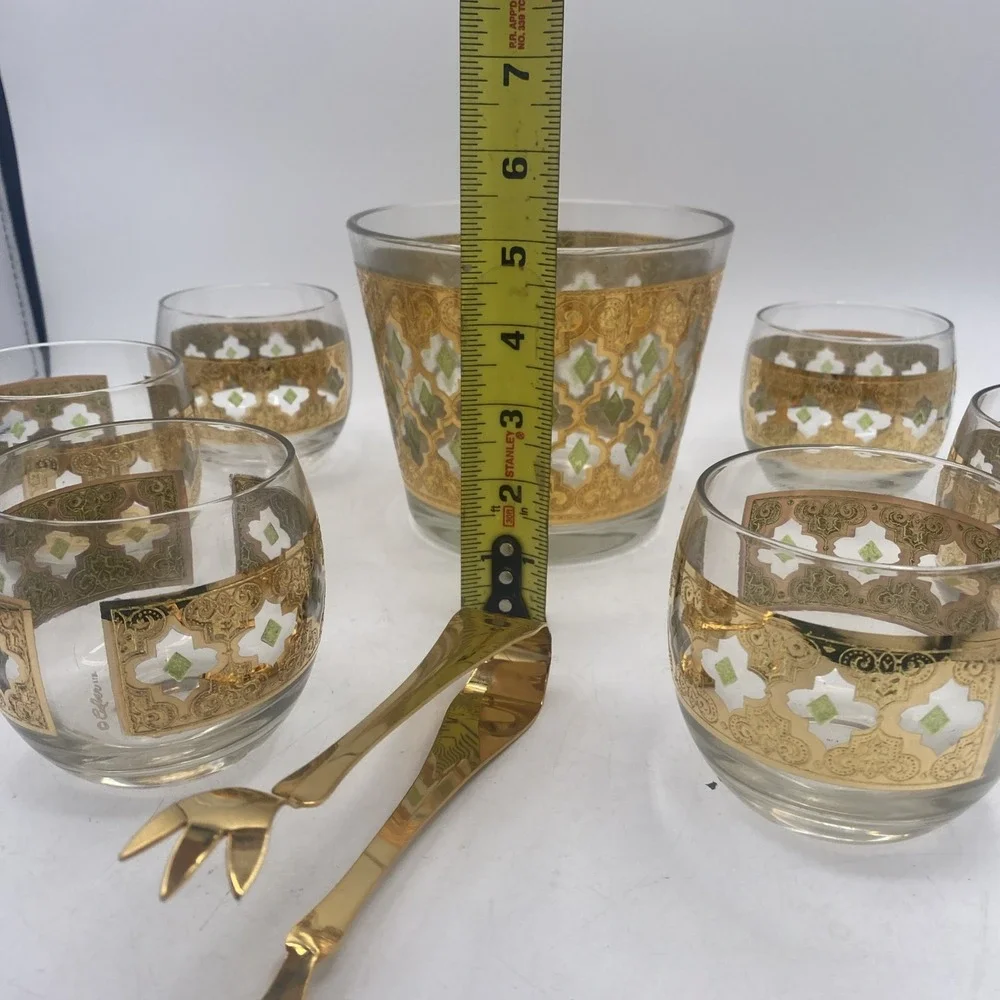 VTG Culver Green 22K Gold VALENCIA Ice bowl & Roly Poly Glasses BAR SET MCM